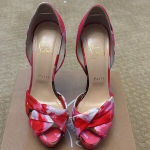 Christian Louboutin Volpi Popi Fabric Pink Floral Peep-Toe Heels